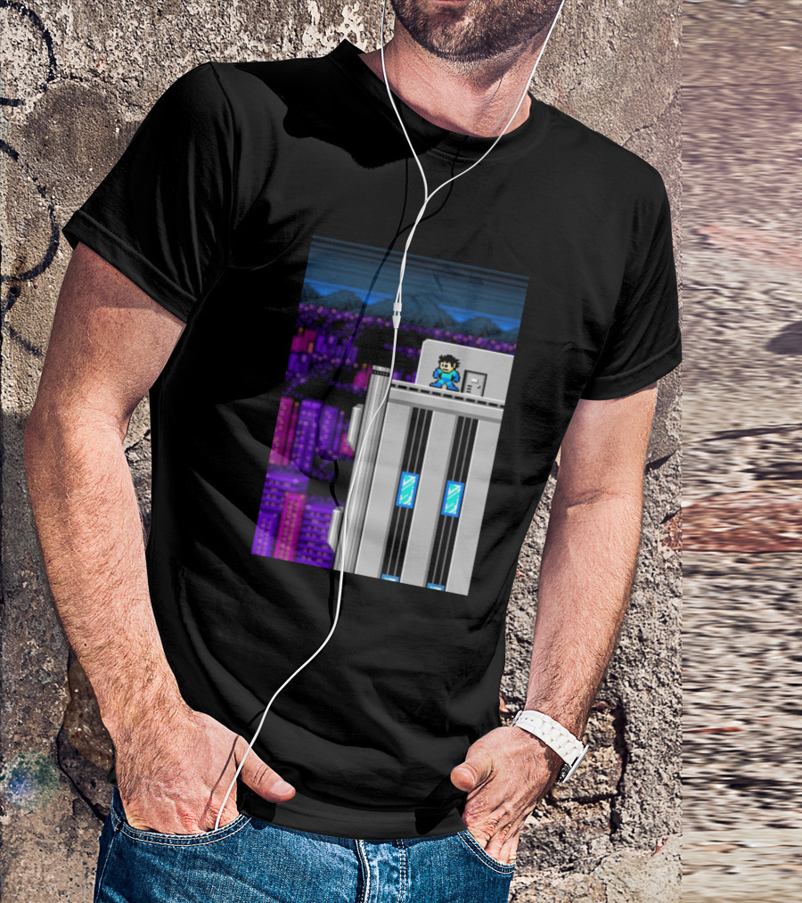 Machine City Retro Pixel Art Rooftop Scene T-Shirt