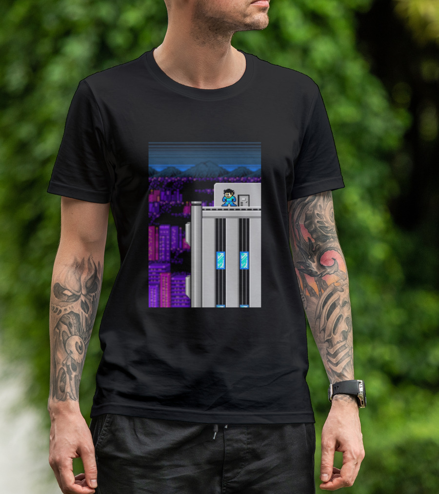 Machine City Retro Pixel Art Rooftop Scene T-Shirt