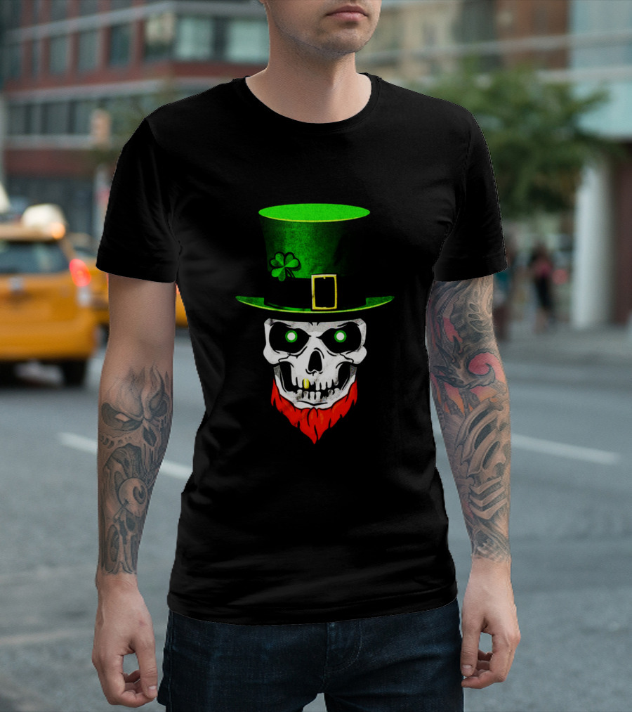 Men Shamrock Skull Leprechaun Hat Lucky Green T-Shirt