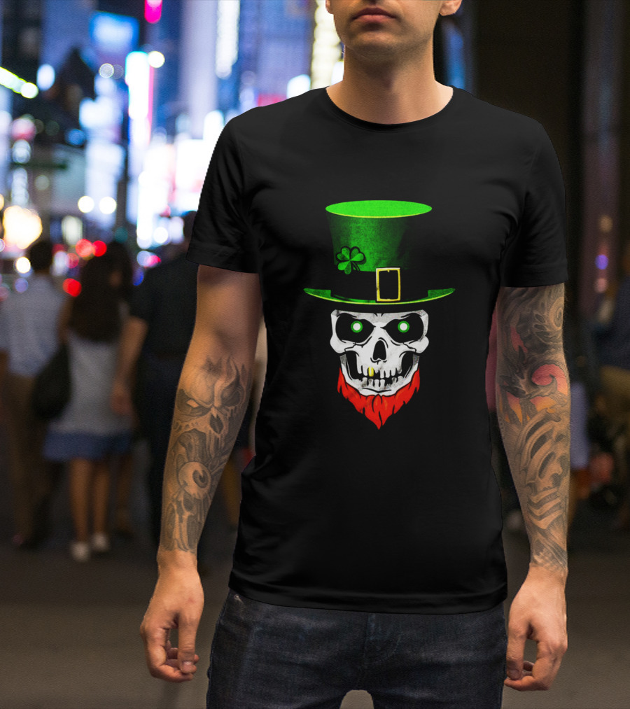 Men Shamrock Skull Leprechaun Hat Lucky Green T-Shirt