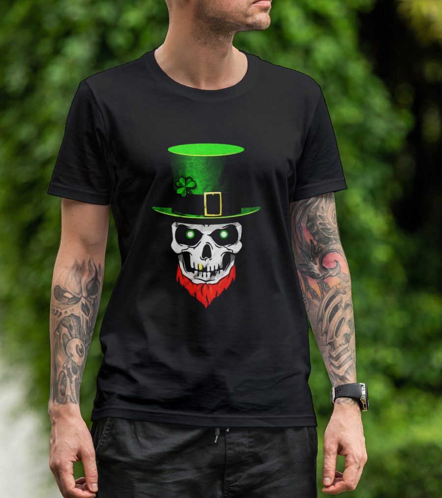 Men Shamrock Skull Leprechaun Hat Lucky Green T-Shirt