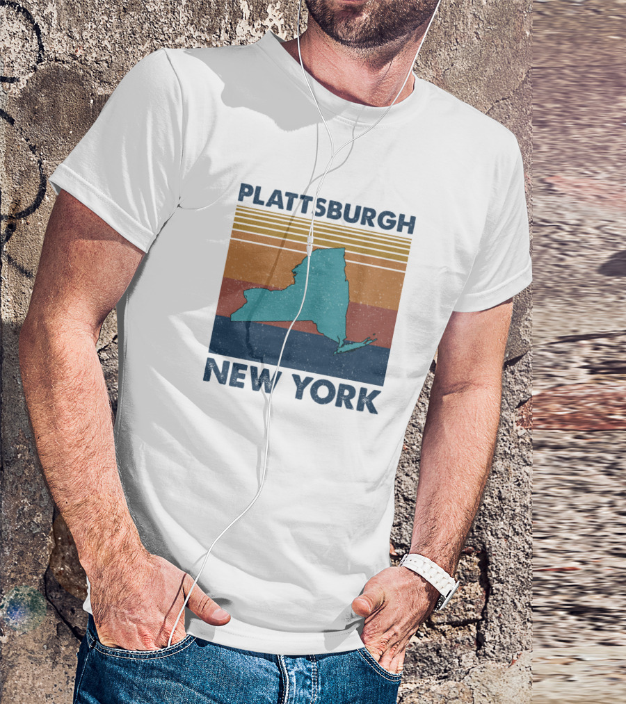 Plattsburgh New York Retro State Silhouette Vintage Stripes T-Shirt