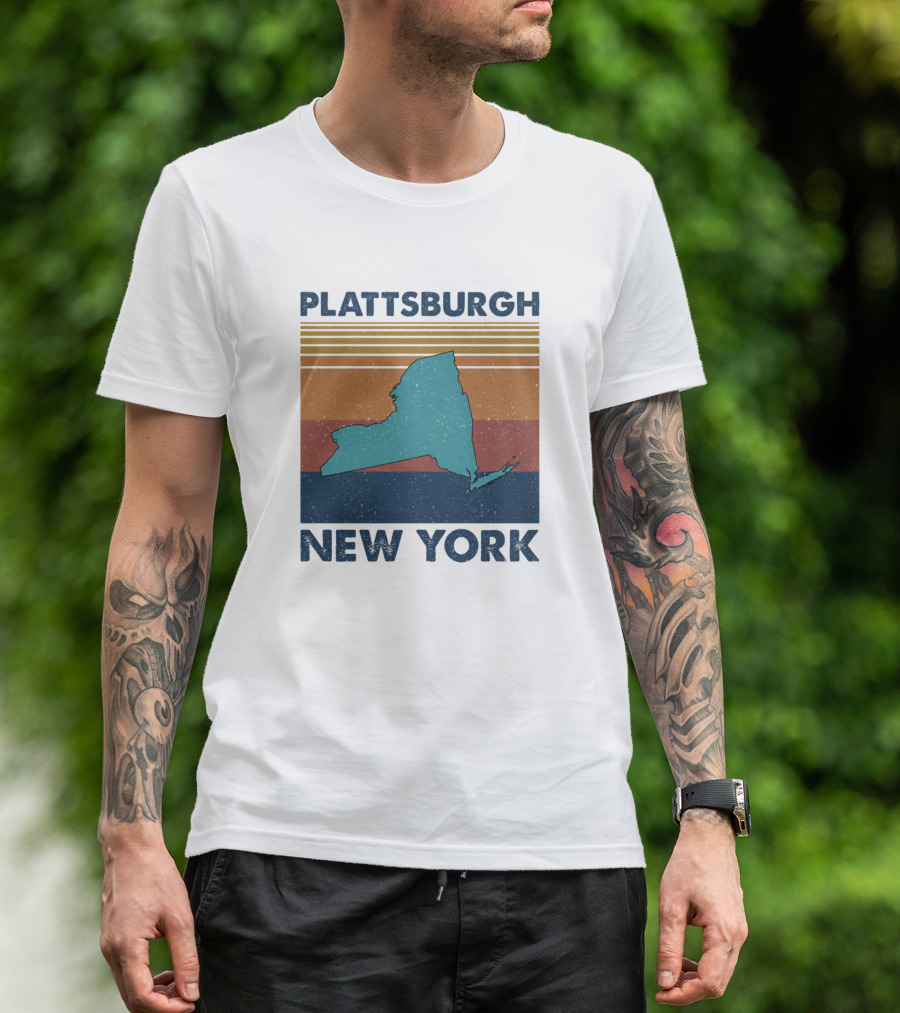 Plattsburgh New York Retro State Silhouette Vintage Stripes T-Shirt