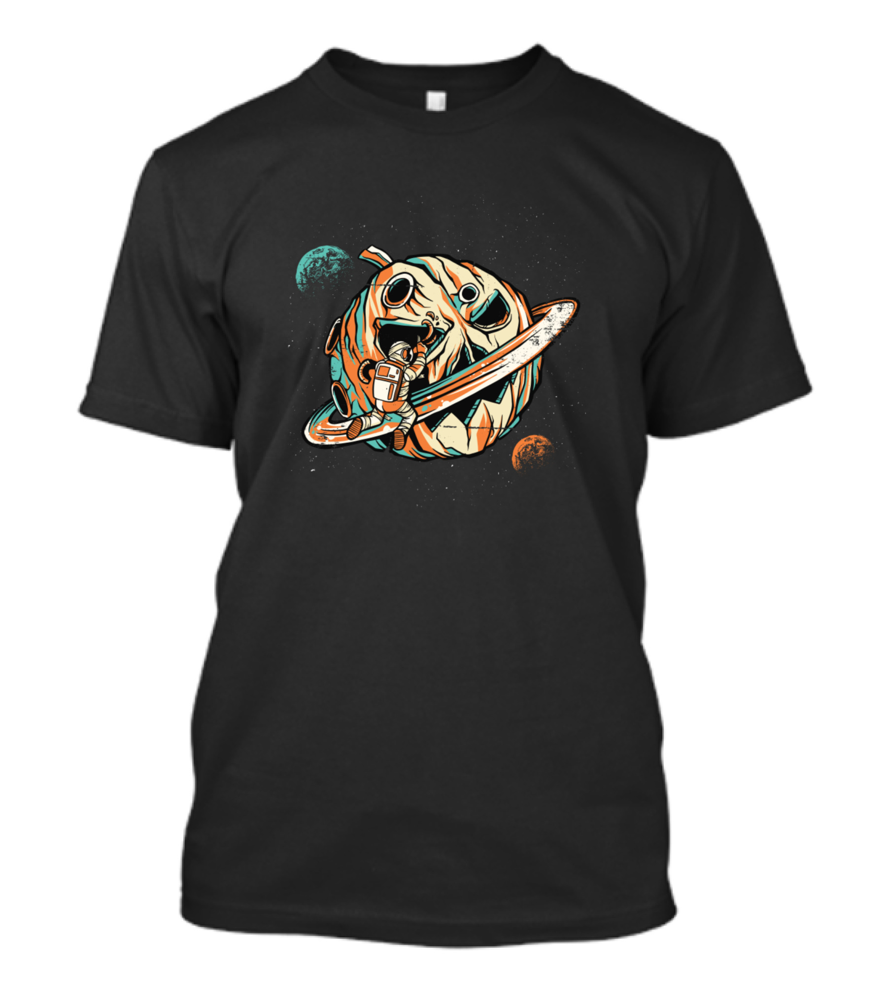Pumpkin Planet Astronaut Orbiting Spooky Celestial Sphere With Moons T-Shirt