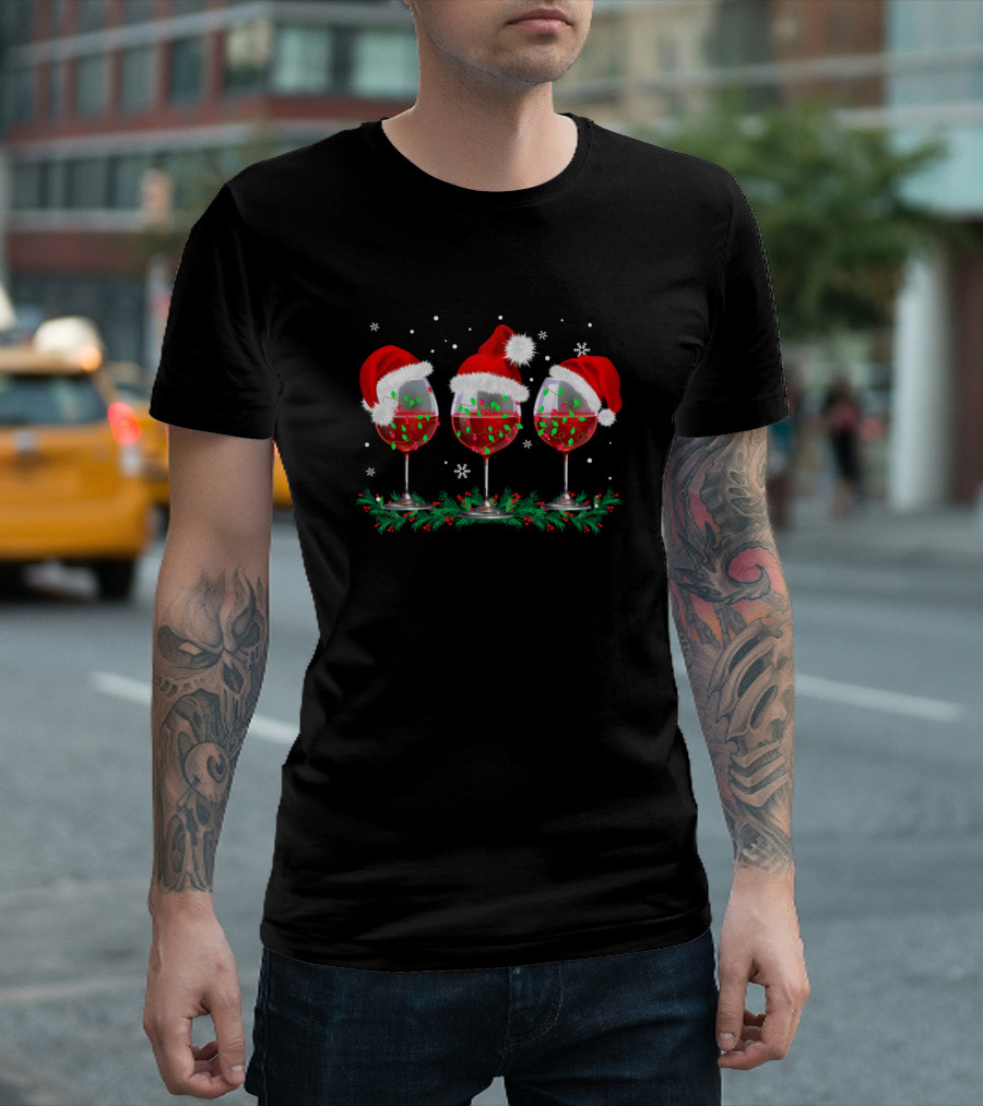 Three Glasses of Wine with Christmas Lights and Santa Hat Holiday Cheer T-Shirt