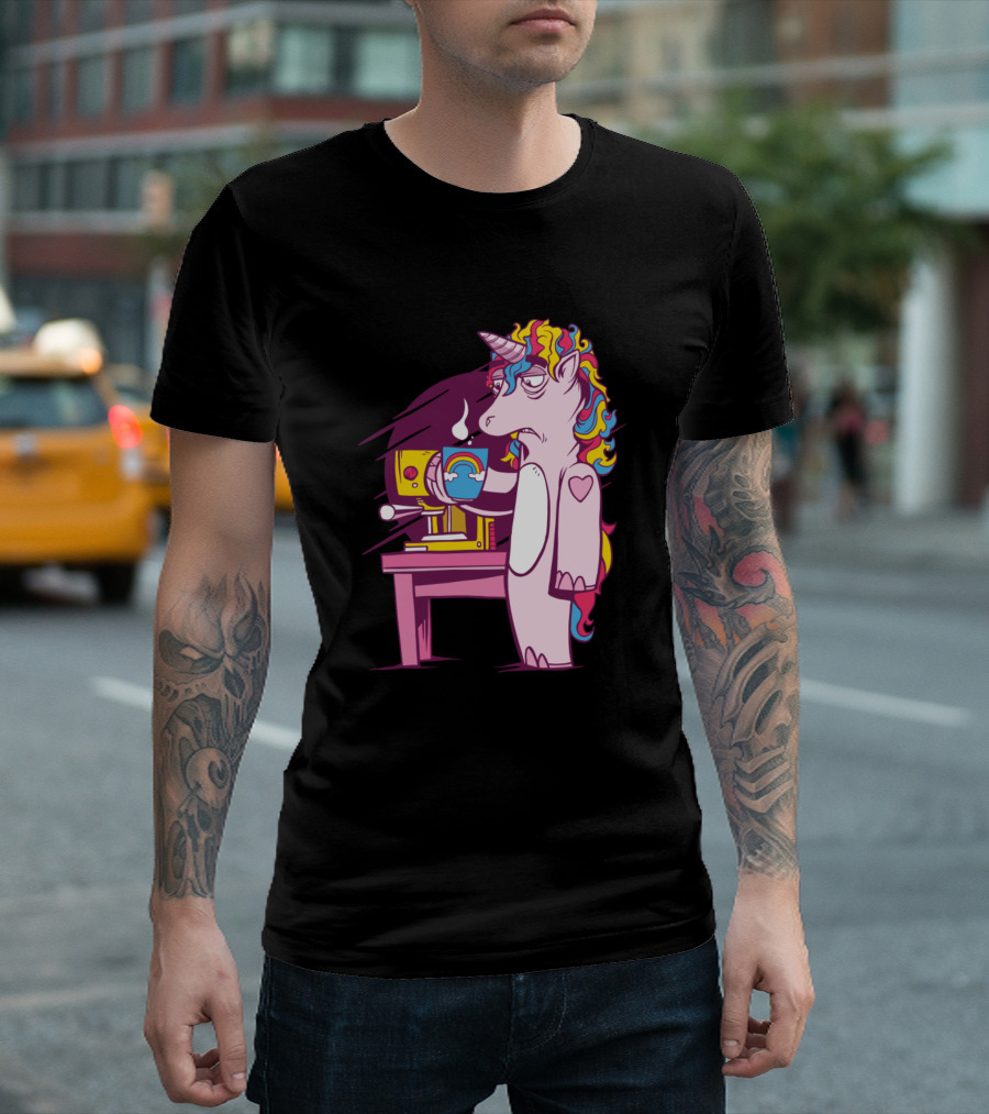 Unicorn with Rainbow Hair Holding Coffee by Espresso Machine T-Shirt
