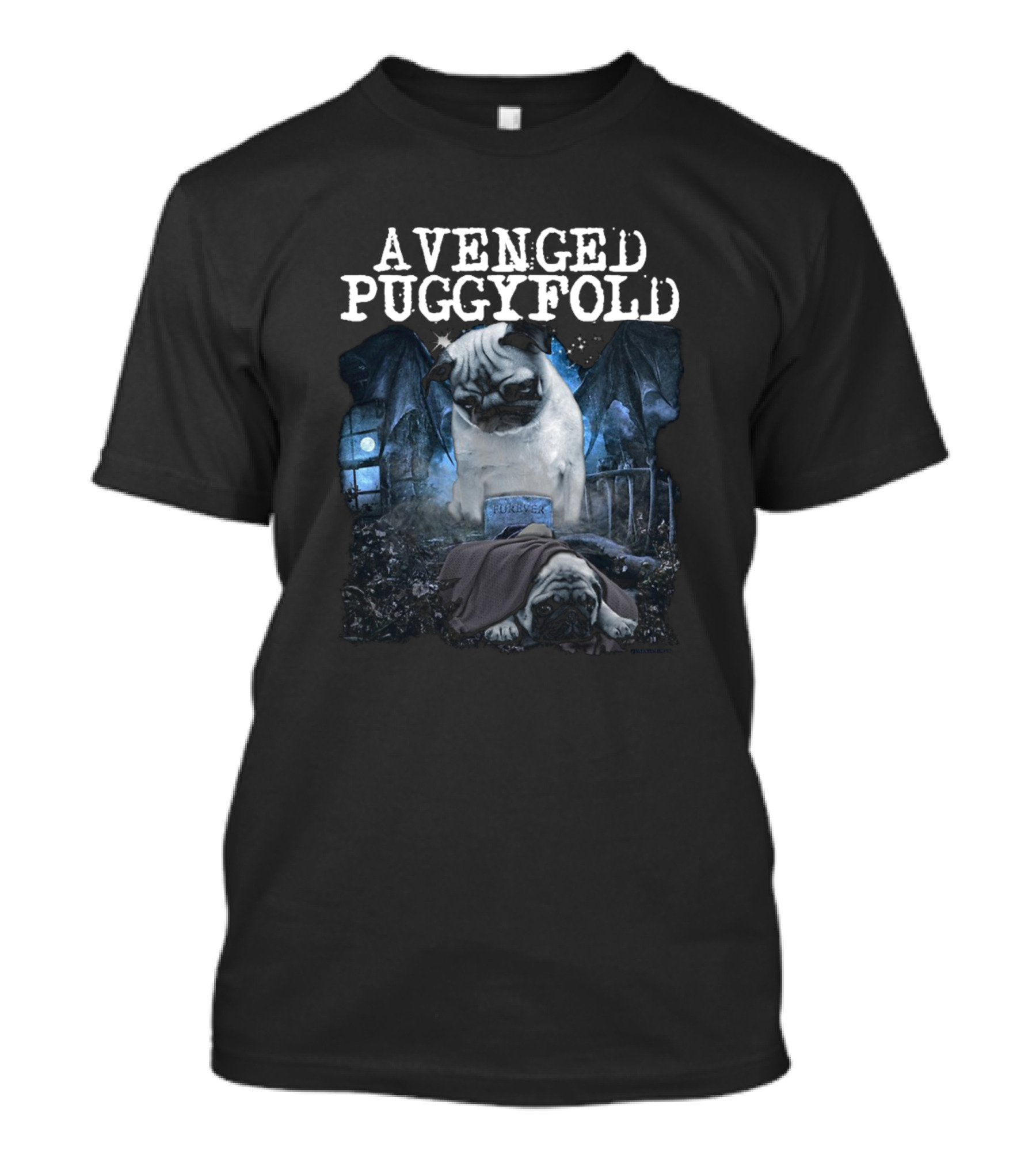 Avenged Puggyfold Pug Gothic Cemetery Night Scene T-Shirt