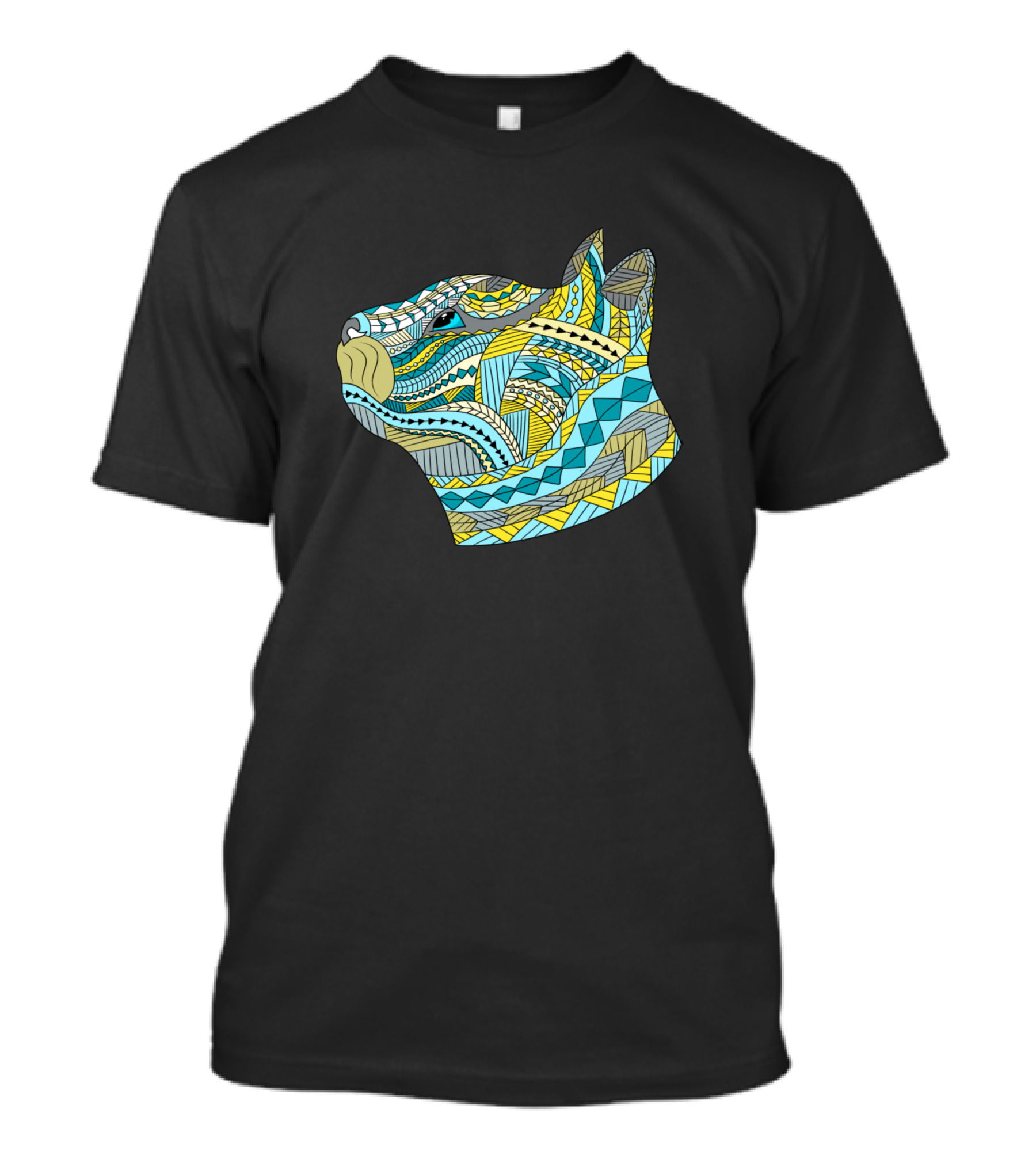 Ethnic Cat Head Pattern In Blue And Yellow Geometric T-Shirt