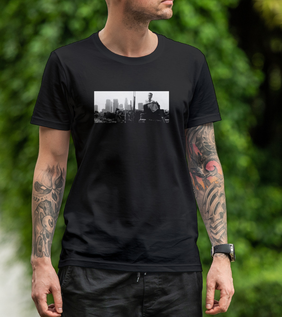 Falling Down Cityscape Scene With Man Sitting T-Shirt