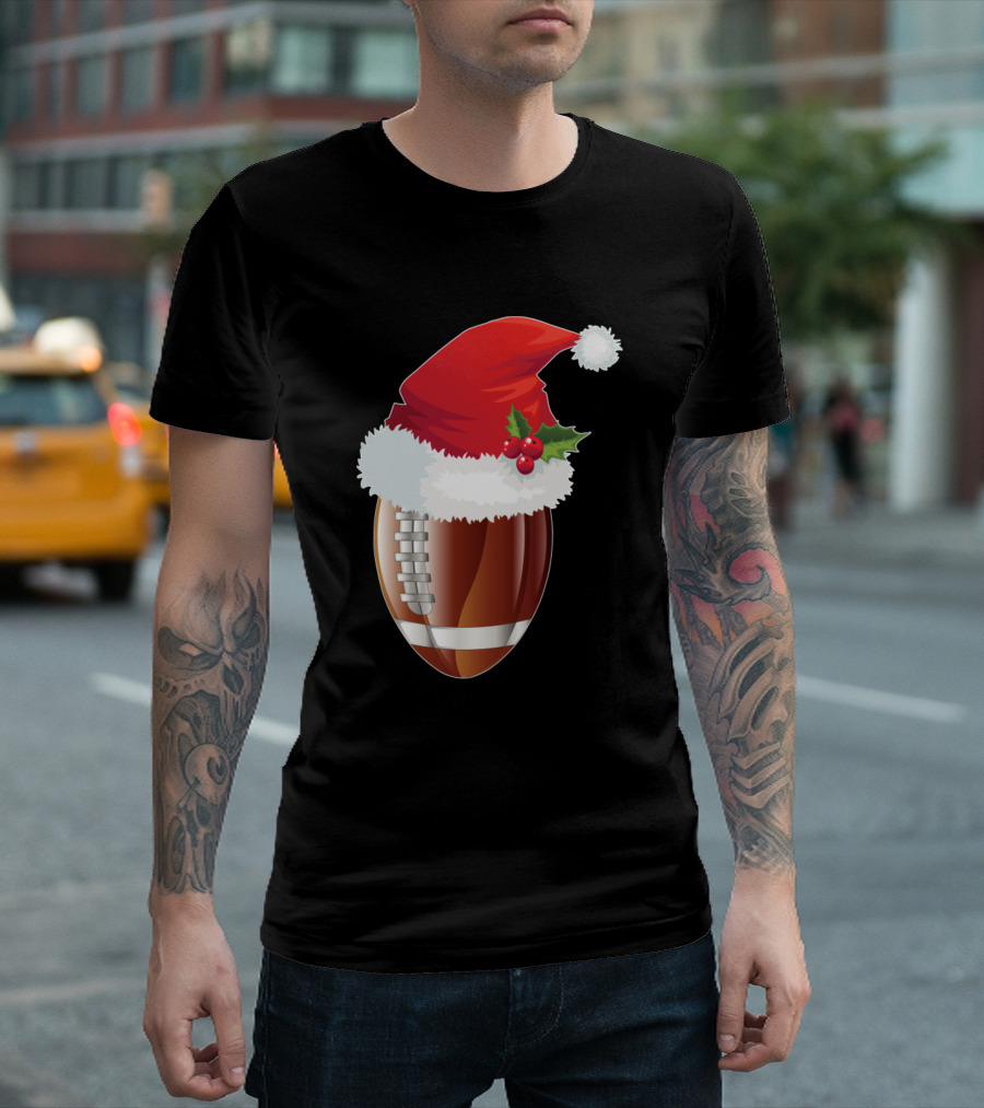 Funny Christmas Santa Hat Rugby Ball Sport Lover T-Shirt