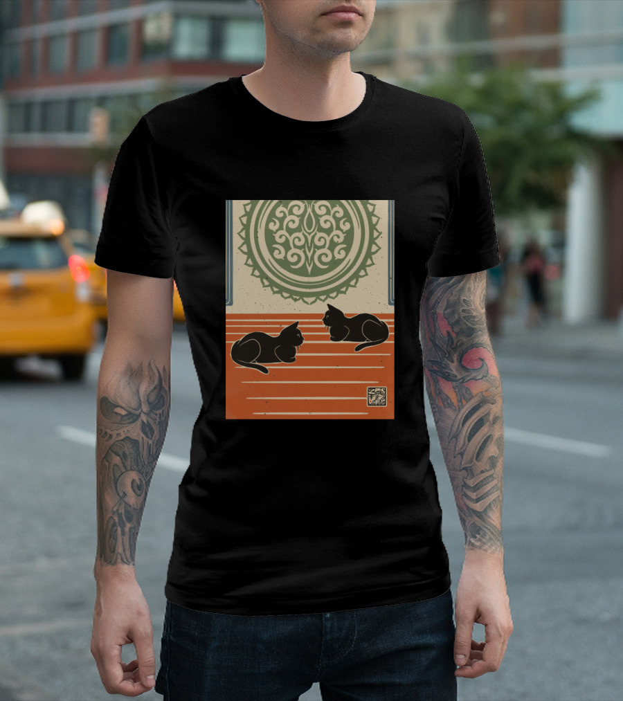 Guardians Cats with Ornamental Circle and Red Stripes T-Shirt