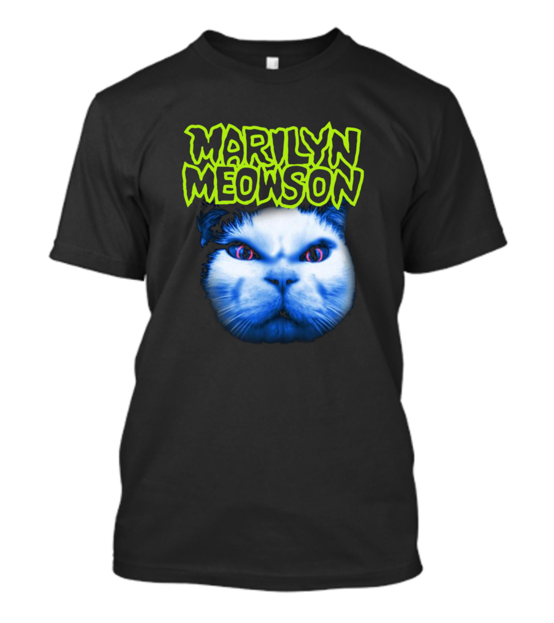 MARILYN MEOWSON Blue Cat Face With Neon Green Text T-Shirt