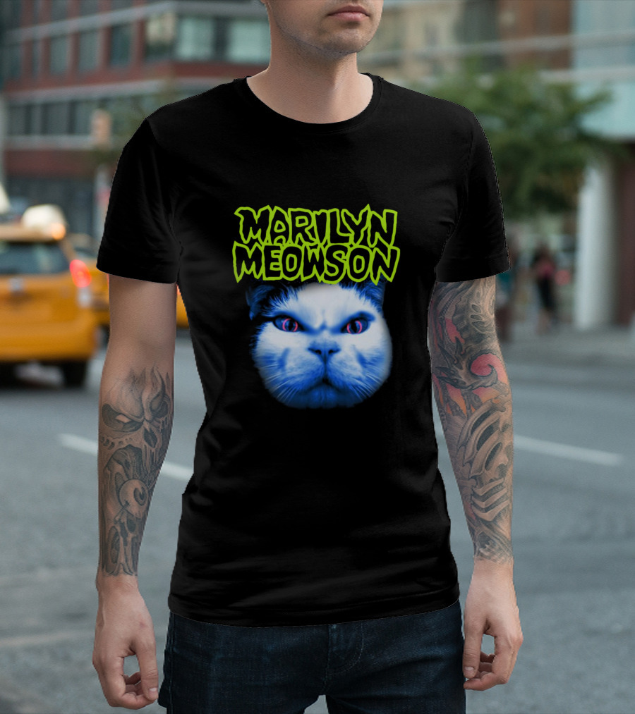 MARILYN MEOWSON Blue Cat Face With Neon Green Text T-Shirt
