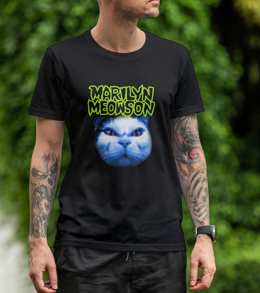 MARILYN MEOWSON Blue Cat Face With Neon Green Text T-Shirt