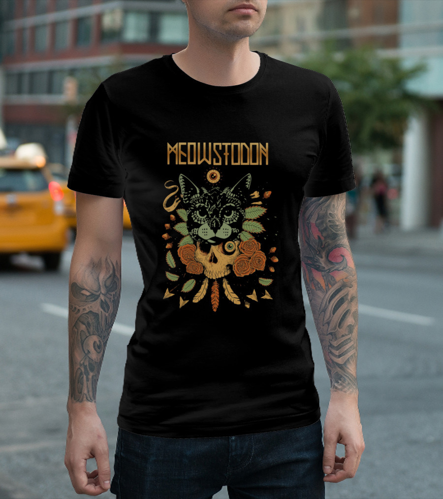 Meowstodon Cat Skull Roses and Leaves Mandala T-Shirt