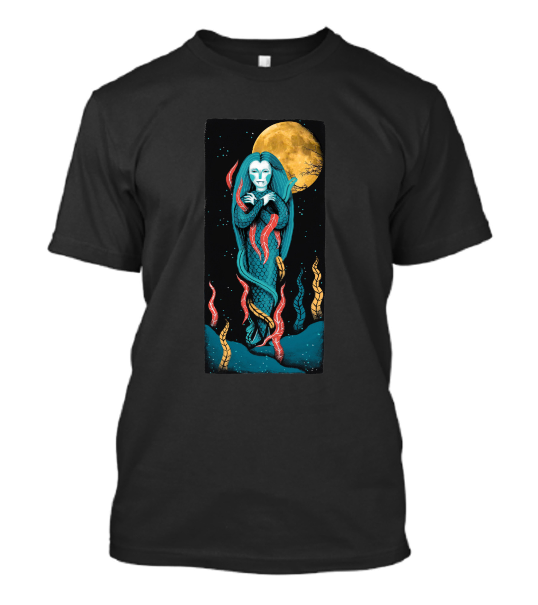 Mermaid Mummy Under Full Moon With Seaweed And Red Hair Elements T-Shirt