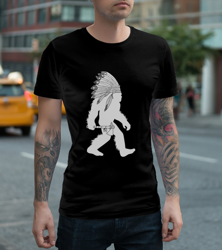 Native American Bigfoot Headdress Tomahawk T-Shirt