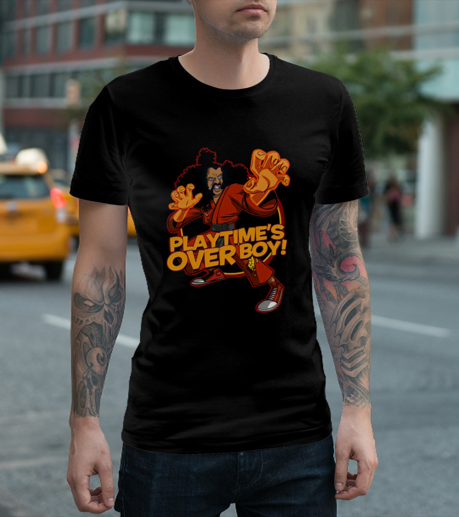 Playtime's Over Boy Kung Fu Martial Arts Character In Red Outfit With Afro T-Shirt