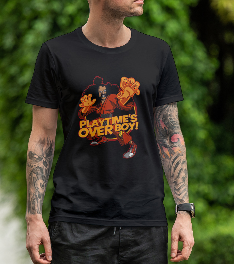 Playtime's Over Boy Kung Fu Martial Arts Character In Red Outfit With Afro T-Shirt