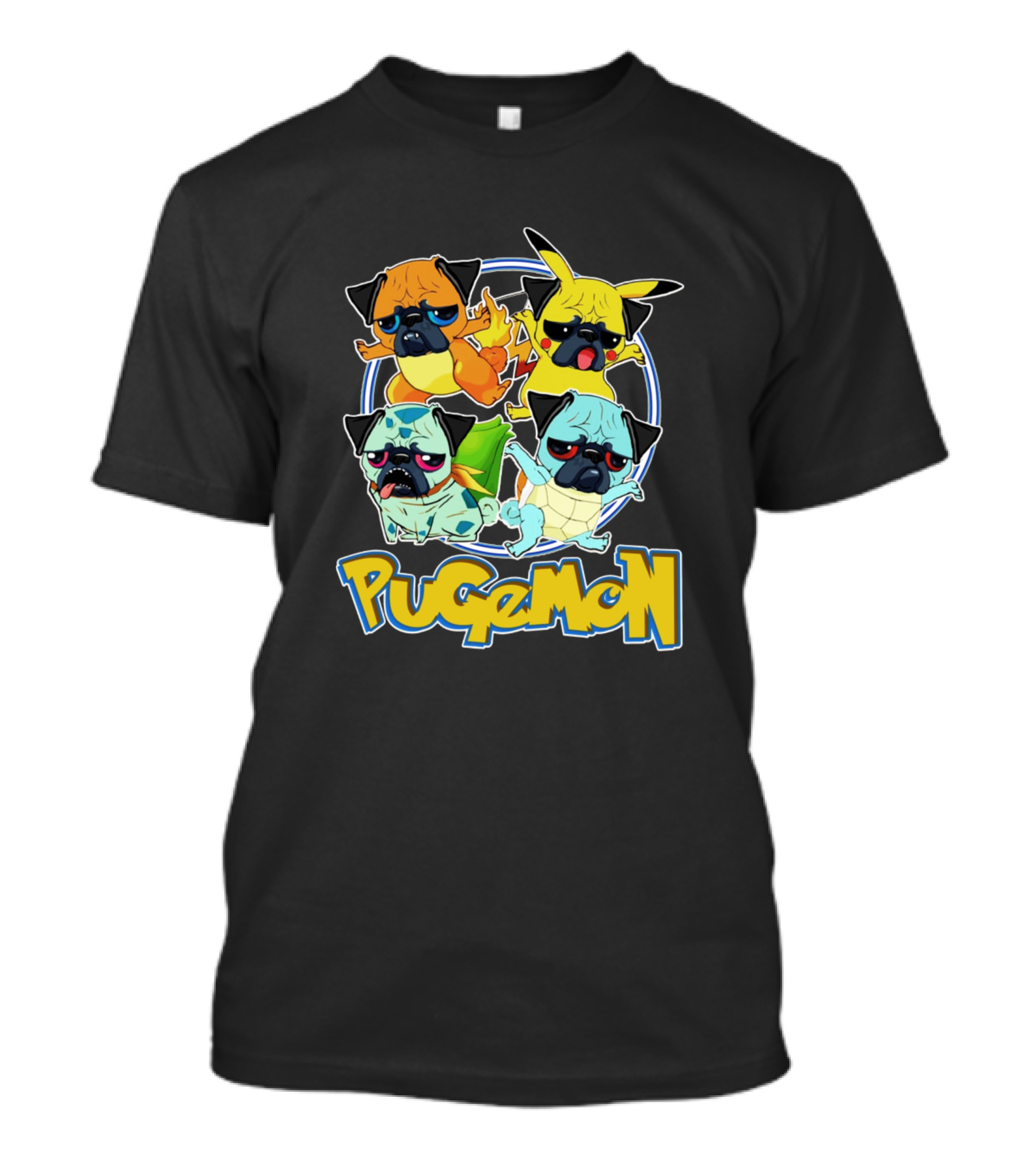 Pugemon Pug Evolution Characters With Iconic Yellow Red Green Blue Outfits T-Shirt