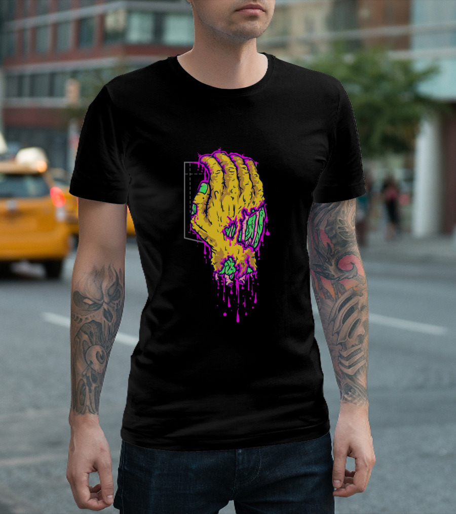 Survivors Fighting Melting Zombie Hand Art Dripping Neon Colors T-Shirt