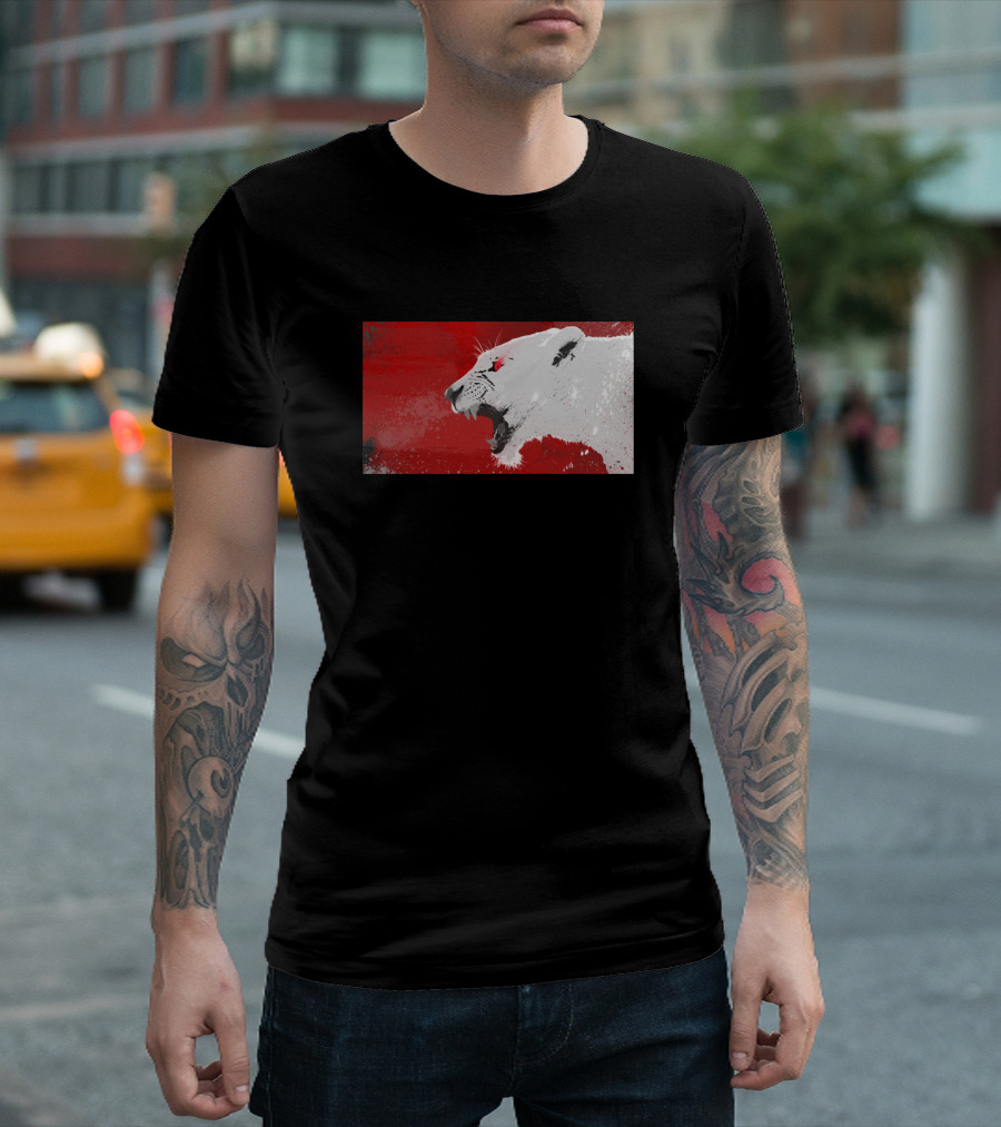 Angry Red And White Lion Roaring Against Abstract Background T-Shirt