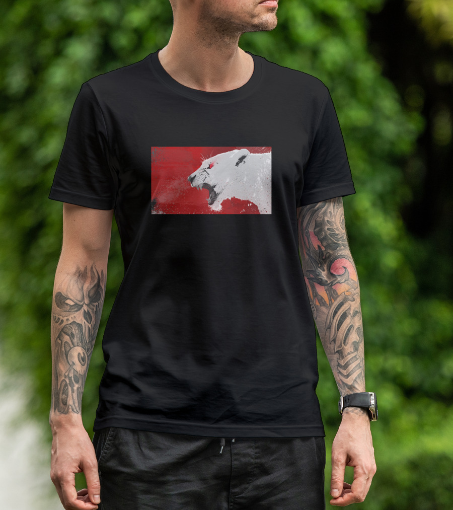 Angry Red And White Lion Roaring Against Abstract Background T-Shirt