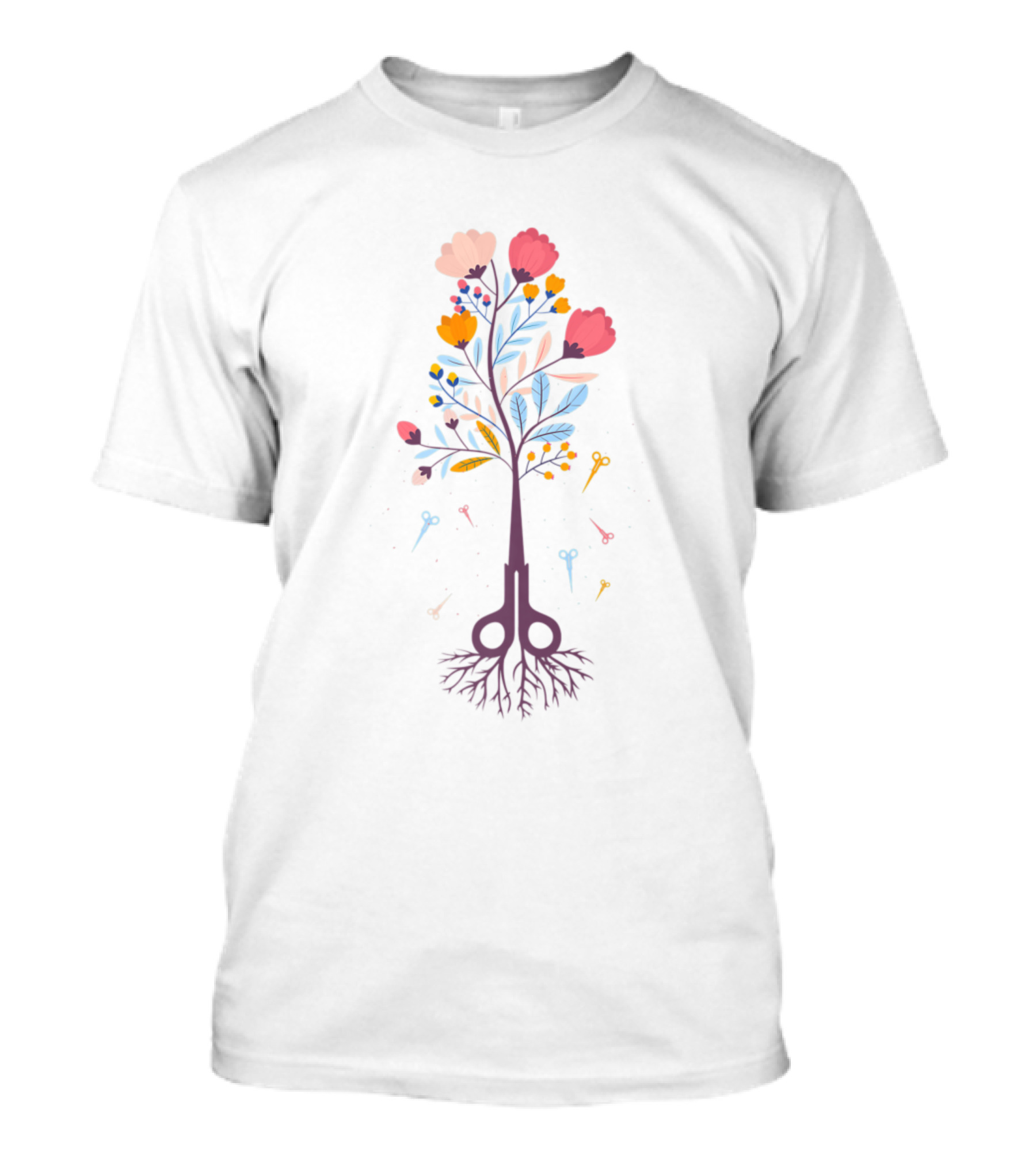 Barber Hair Stylist Scissors Transformed Into Flower Tree Roots T-Shirt
