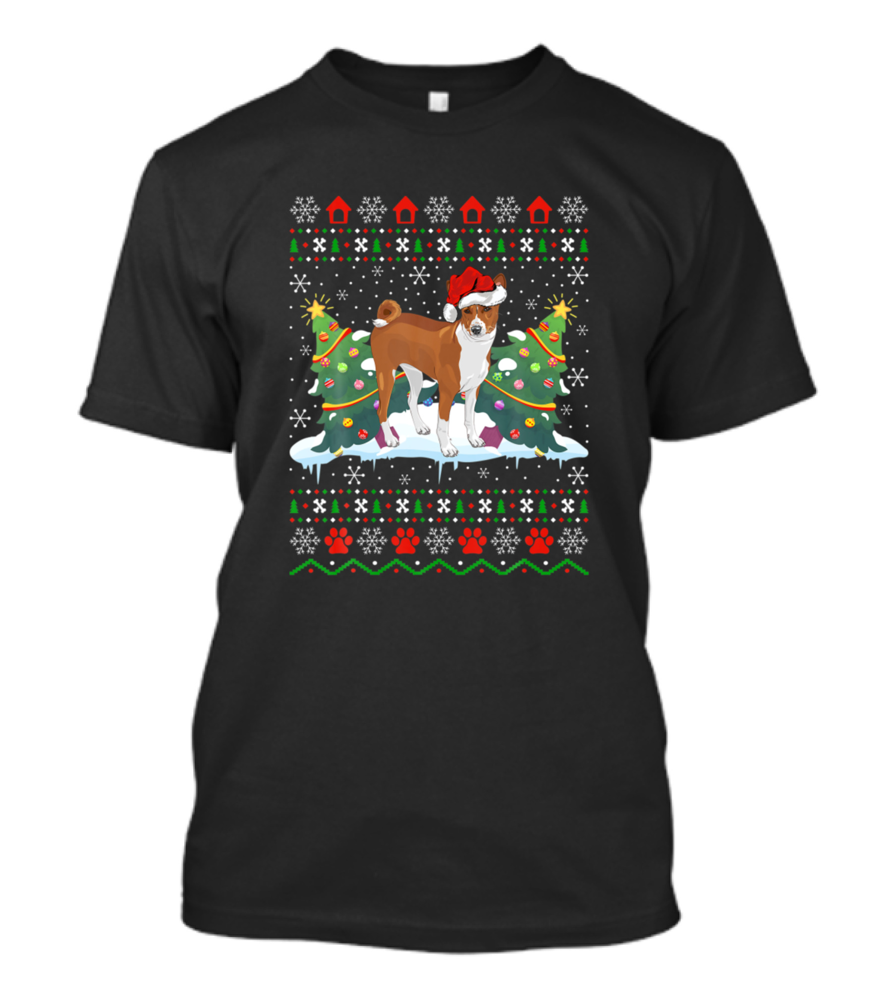 Basenji Dog Christmas Ugly Sweater With Santa Hat And Christmas Trees T-Shirt