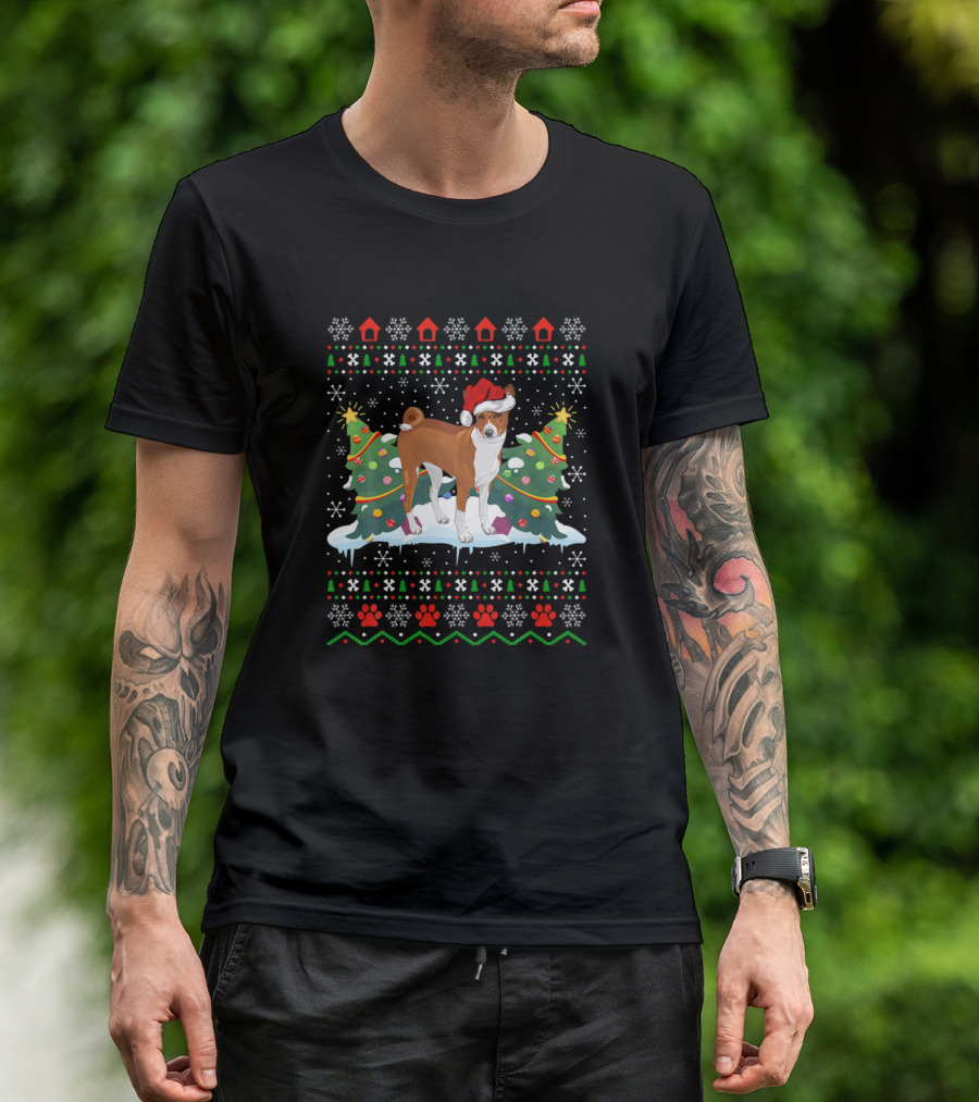 Basenji Dog Christmas Ugly Sweater With Santa Hat And Christmas Trees T-Shirt