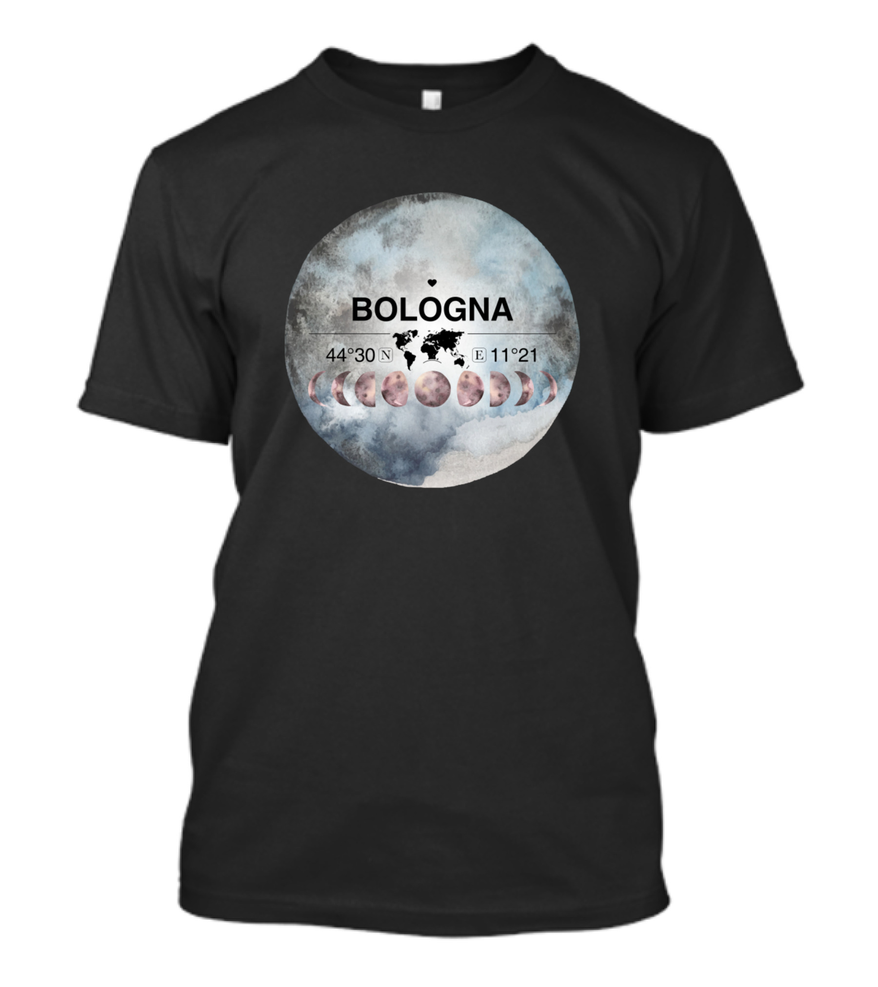 Bologna Emilia Romagna Italy Watercolor Moon Phases Coordinates T-Shirt