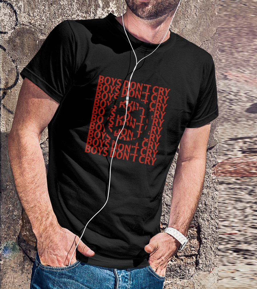 Boys Don't Cry Repeated Red Text With Strikethrough T-Shirt