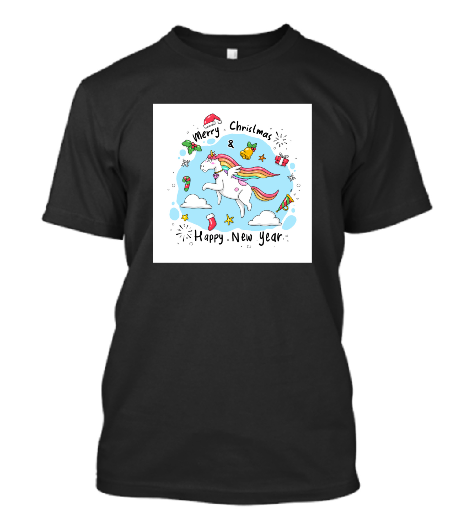 Merry Christmas And Happy New Year Flying Unicorn With Rainbow Mane And Christmas Decorations T-Shirt