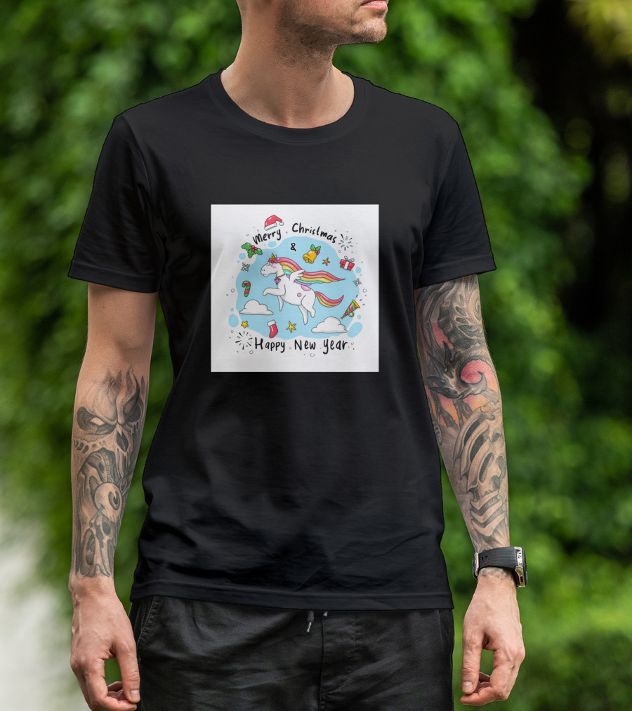 Merry Christmas And Happy New Year Flying Unicorn With Rainbow Mane And Christmas Decorations T-Shirt