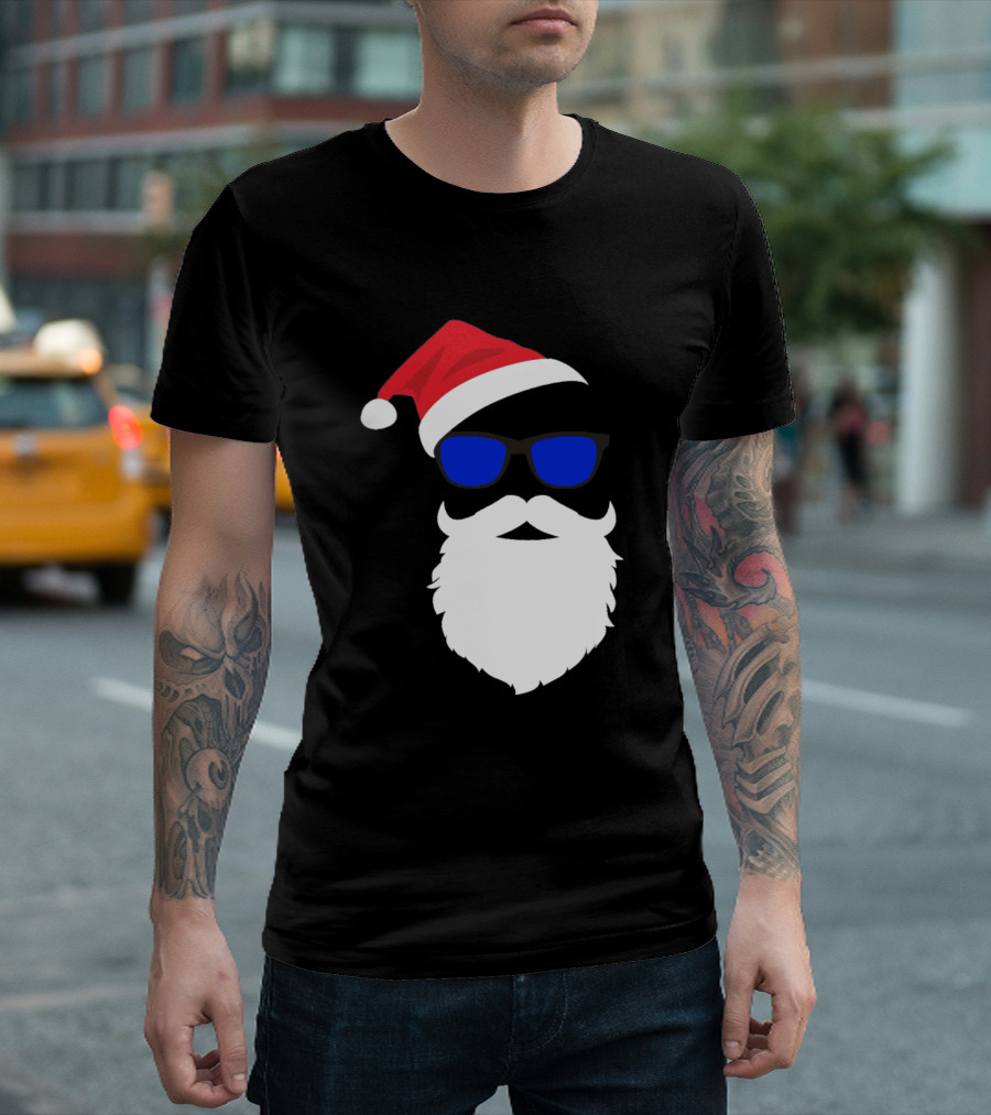 Hipster Santa Claus with Red Hat and Blue Sunglasses Beard T-Shirt