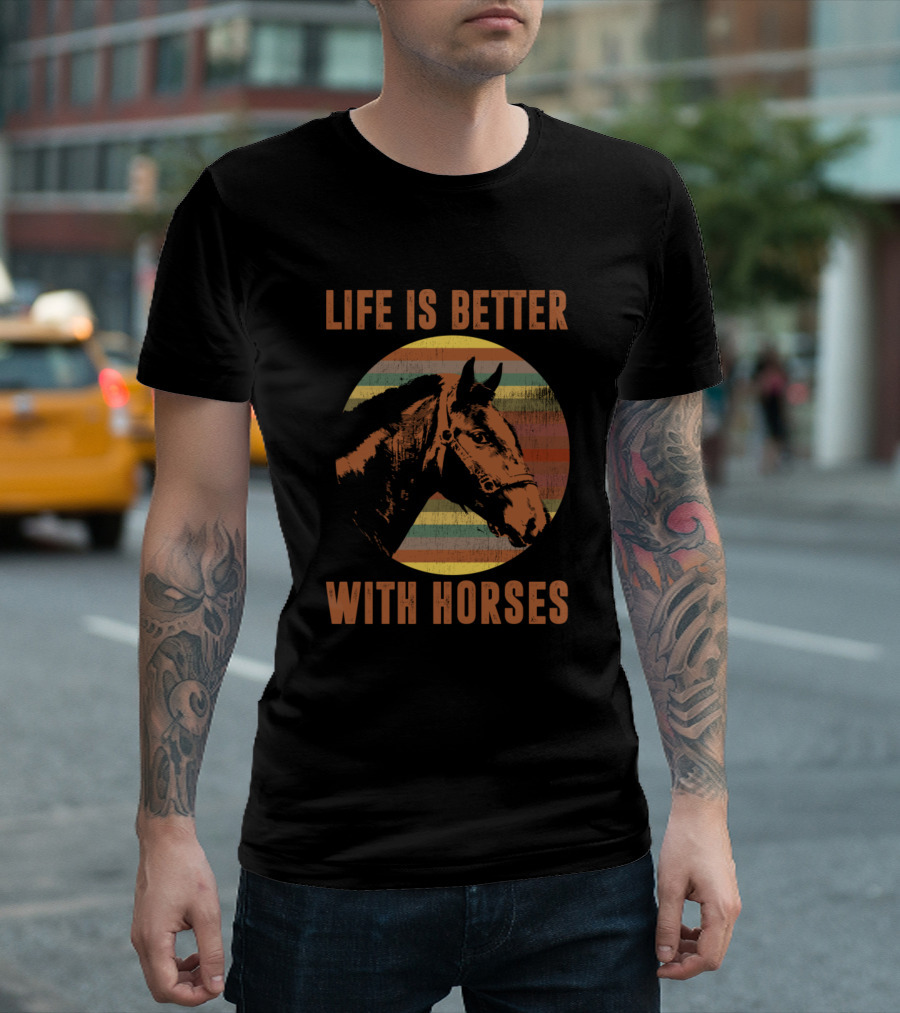 Life Is Better With Horses Barn Hair Lover Vintage Stripes T-Shirt