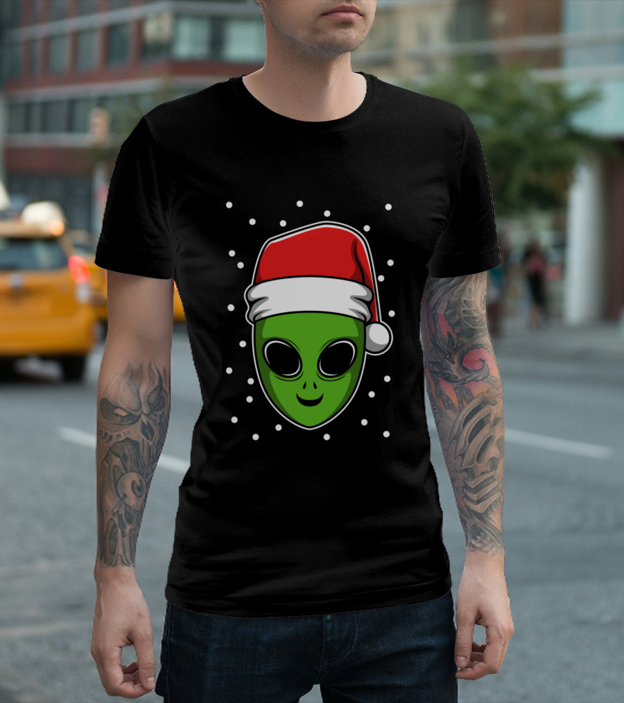 Santa Hat Alien Face Surrounded By Snowdots T-Shirt