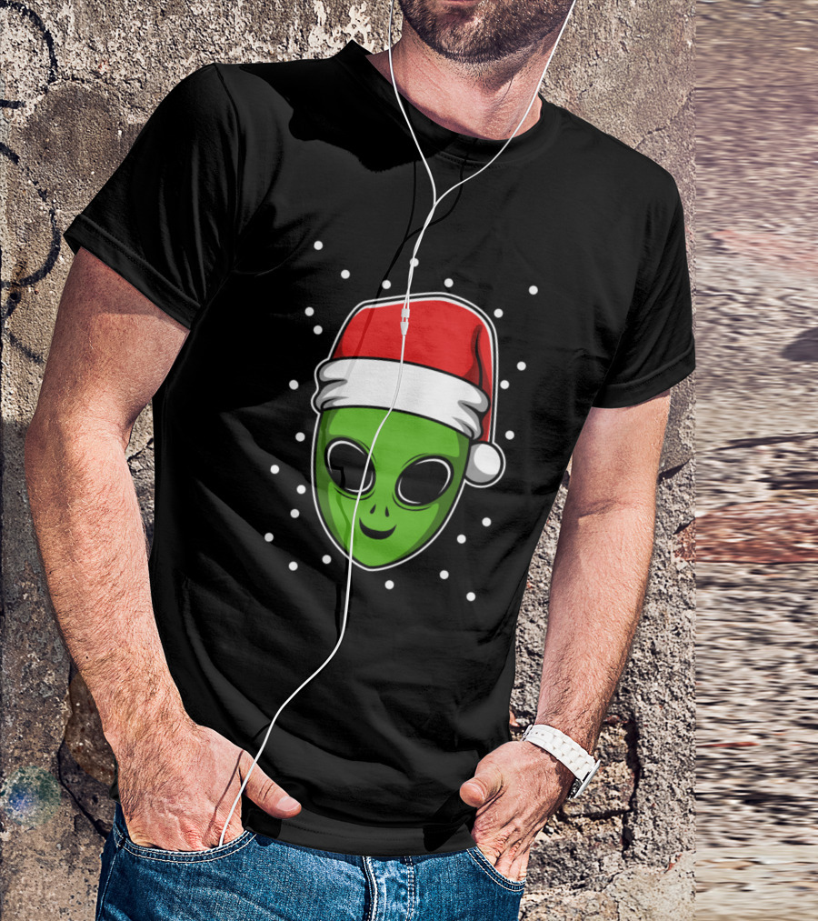 Santa Hat Alien Face Surrounded By Snowdots T-Shirt