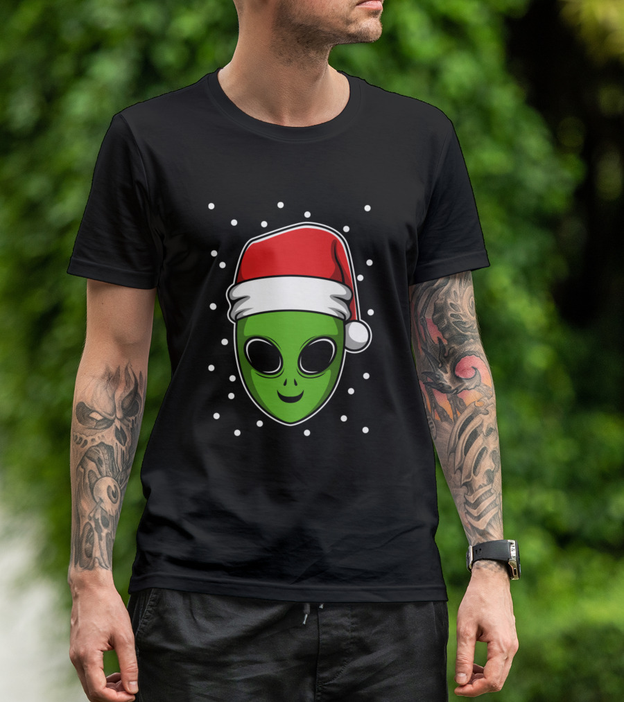 Santa Hat Alien Face Surrounded By Snowdots T-Shirt