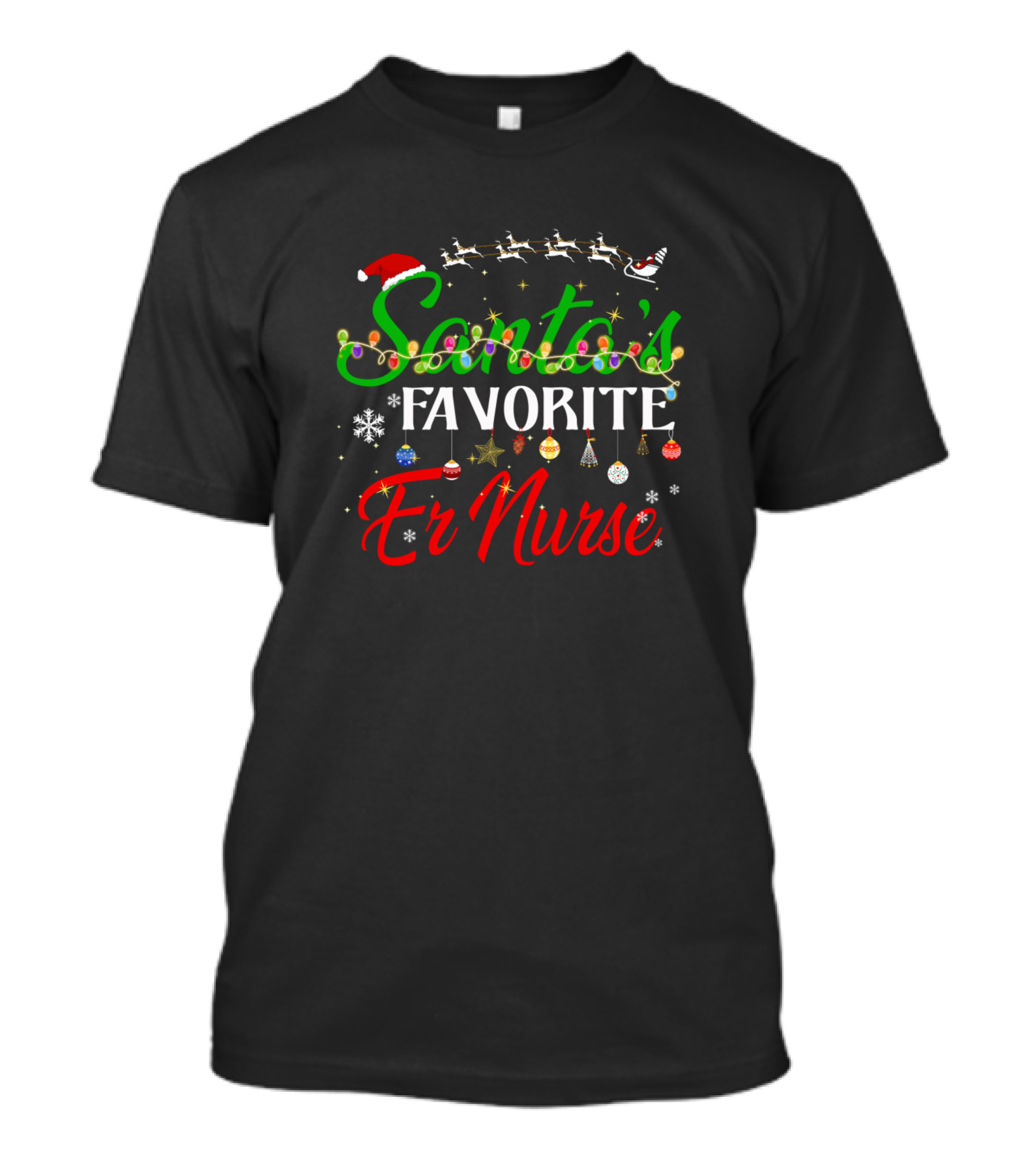 Santa's Favorite ER Nurse Christmas Reindeer Lights Snowflakes Ornaments T-Shirt