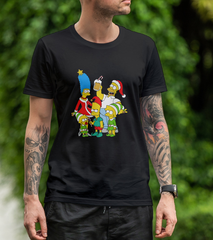 Simpsons Christmas Family With Homer Santa Hat And Beer T-Shirt