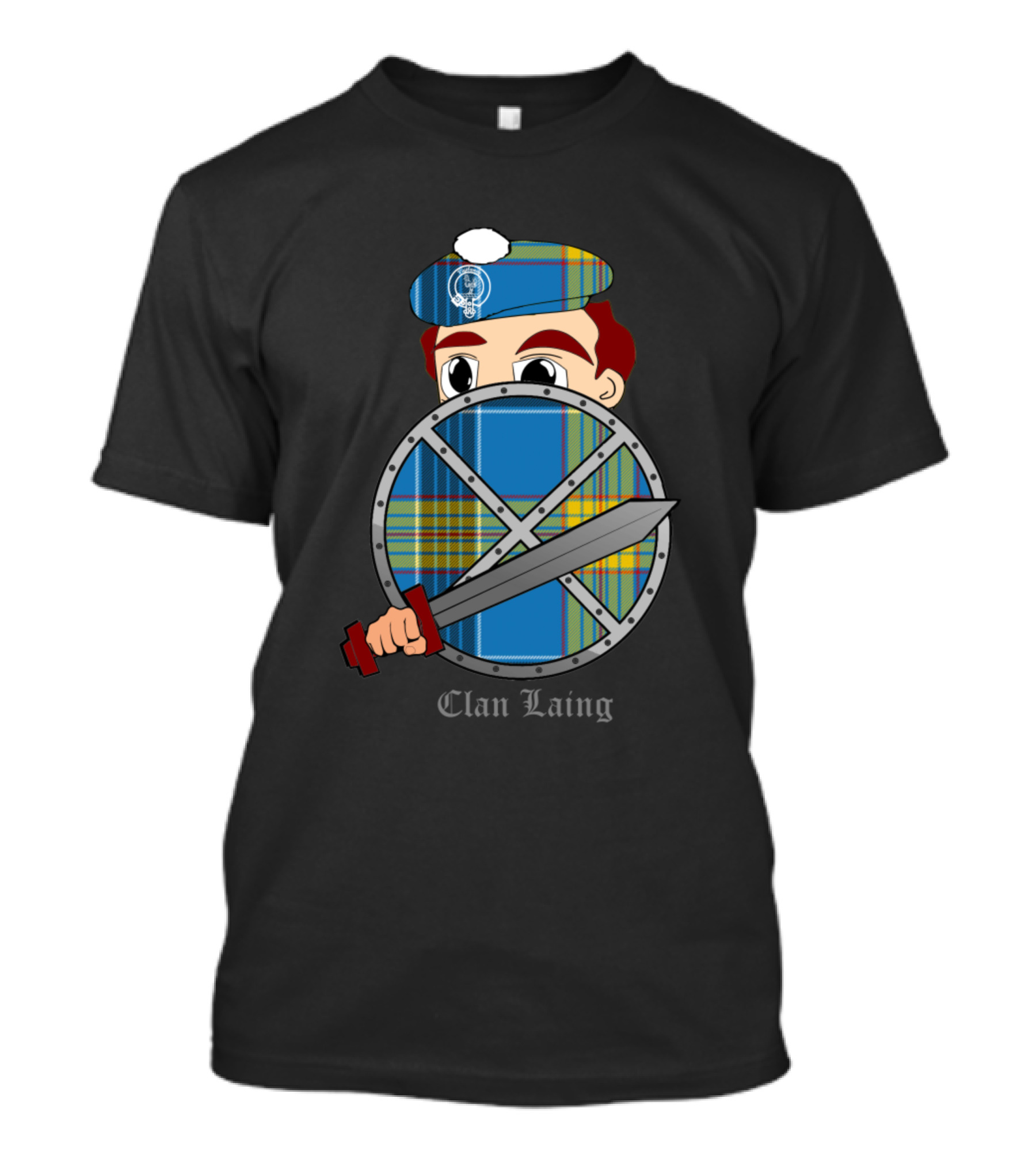 Clan Laing Scottish Tartan Shield And Sword Character T-Shirt