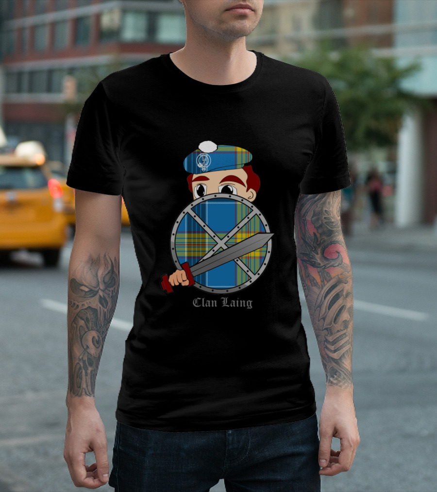 Clan Laing Scottish Tartan Shield And Sword Character T-Shirt