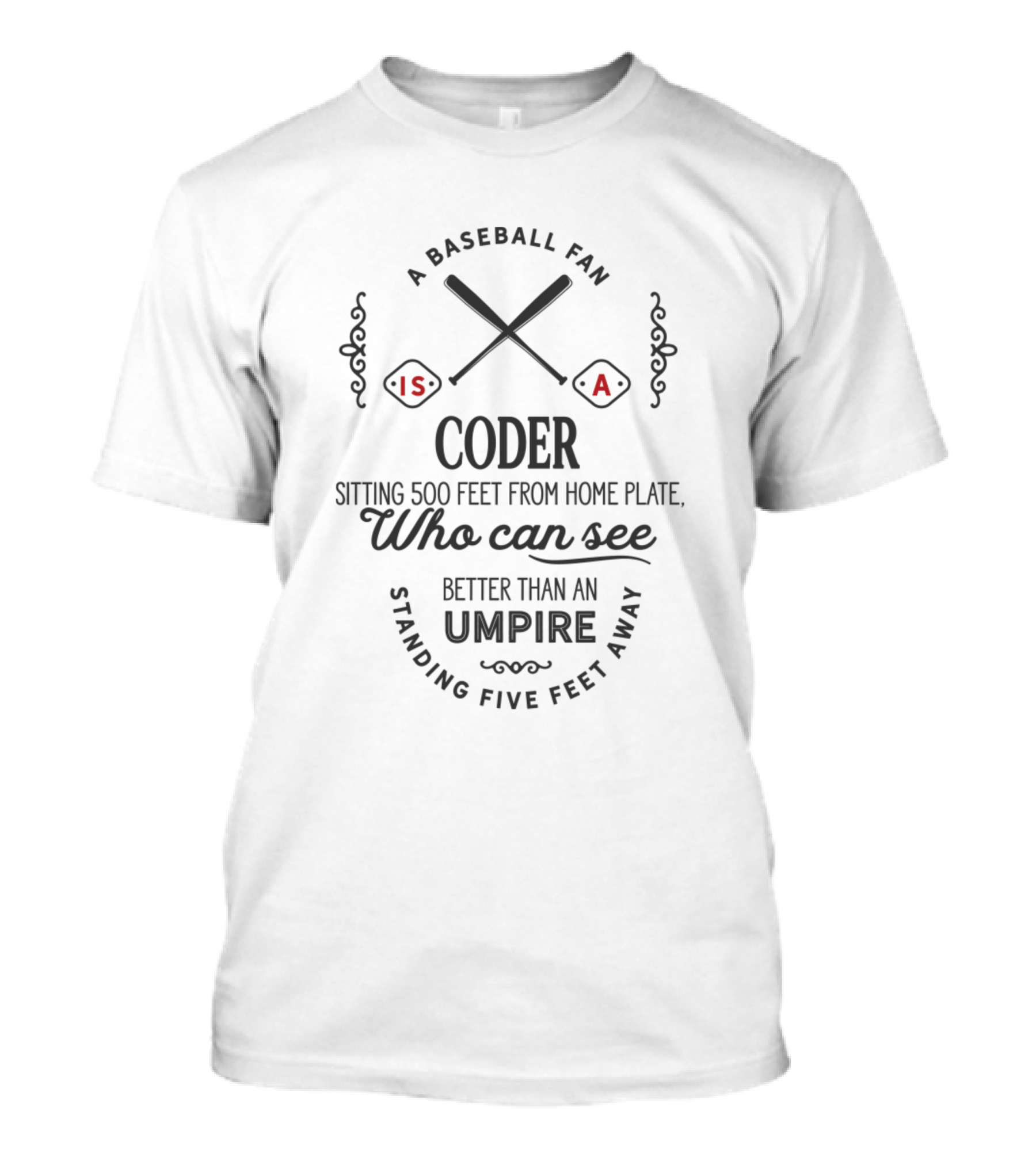 A Baseball Fan Is A Coder Sitting 500 Feet From Home Plate Who Can See Better Than An Umpire Standing Five Feet Away T-Shirt