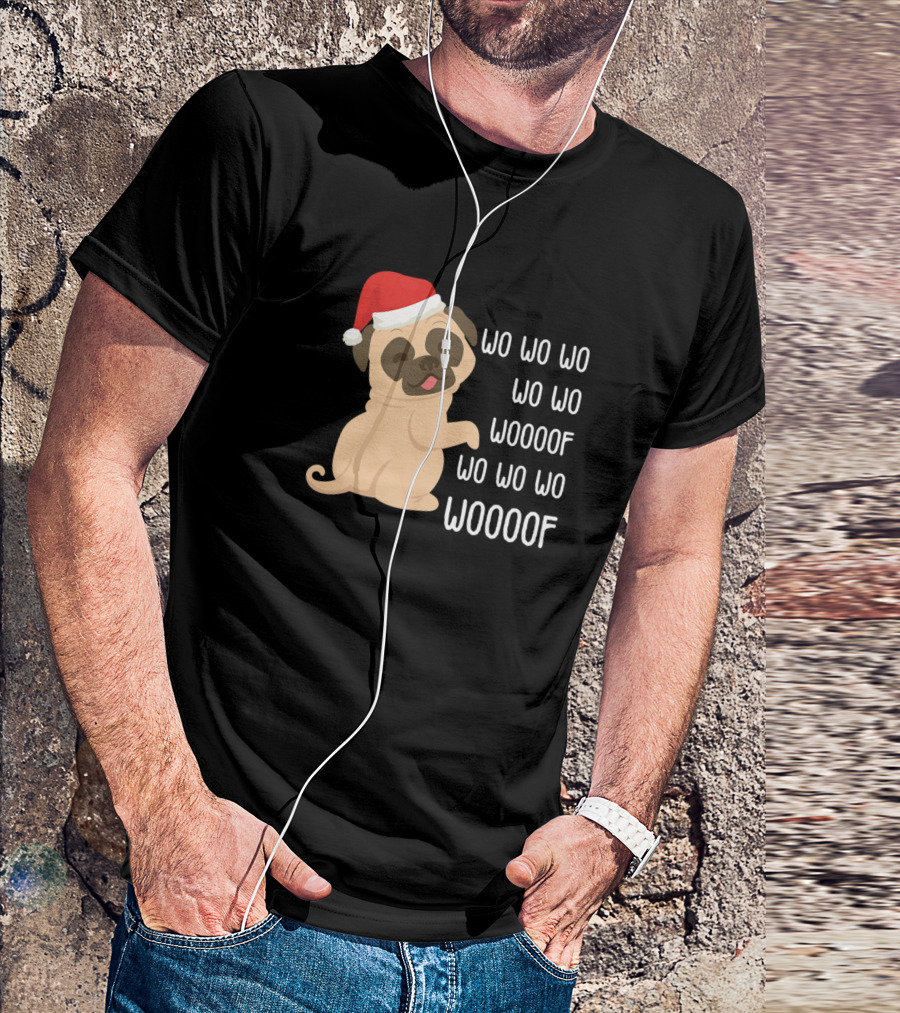 Cute Xmas Pug Dog Kids Wo Wo Wo Woooof Santa Hat T-Shirt