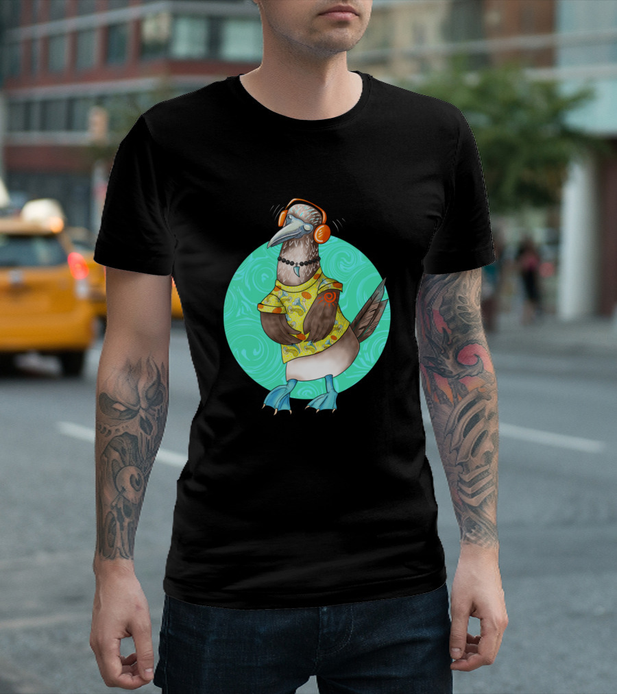 Dancing Booby Bird in Headphones and Patterned T-Shirt