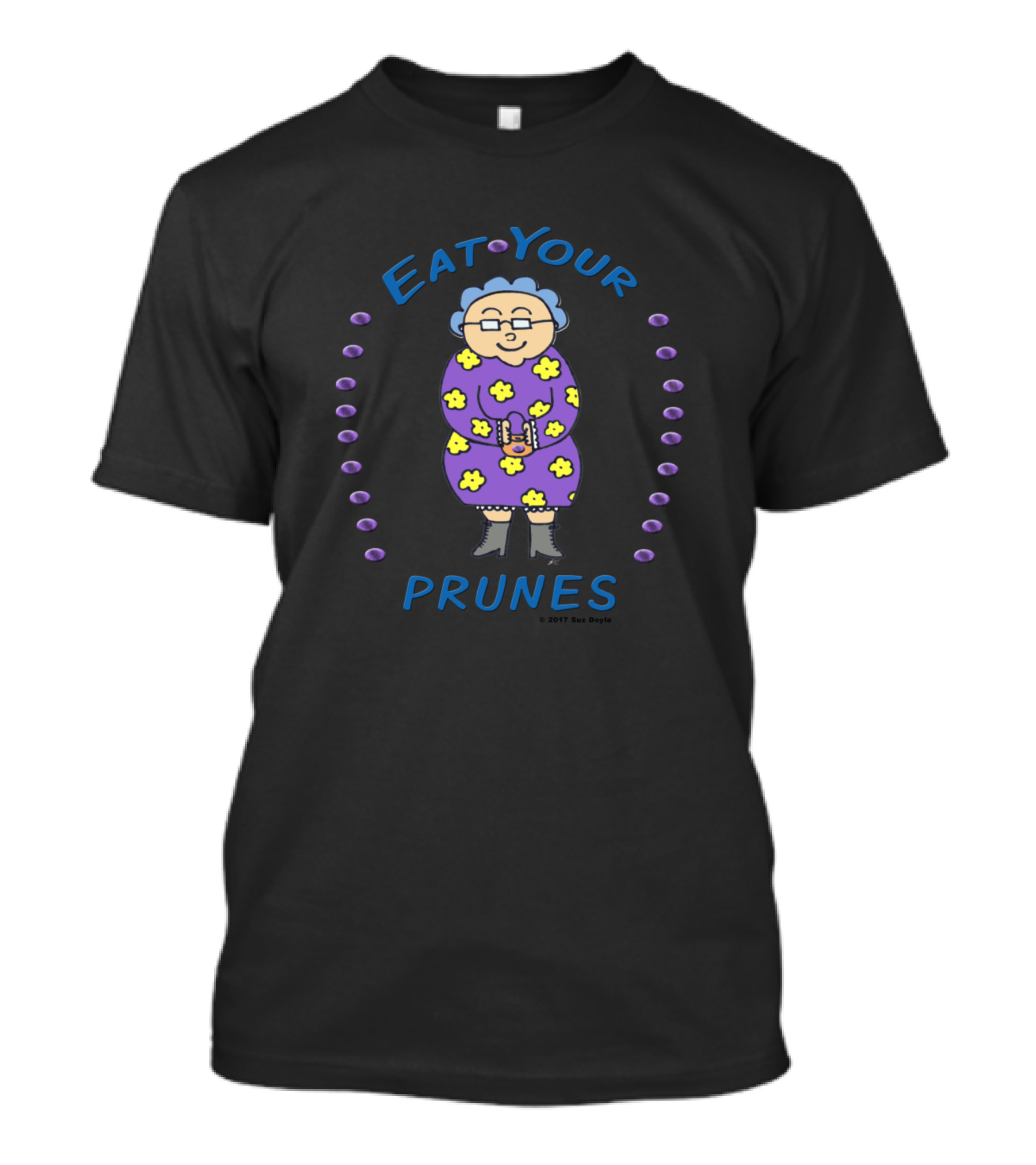 Eat Your Prunes Smiling Edna Cute Elderly Character In Purple Dress With Flowers And Glasses Surrounded By Purple Dots T-Shirt