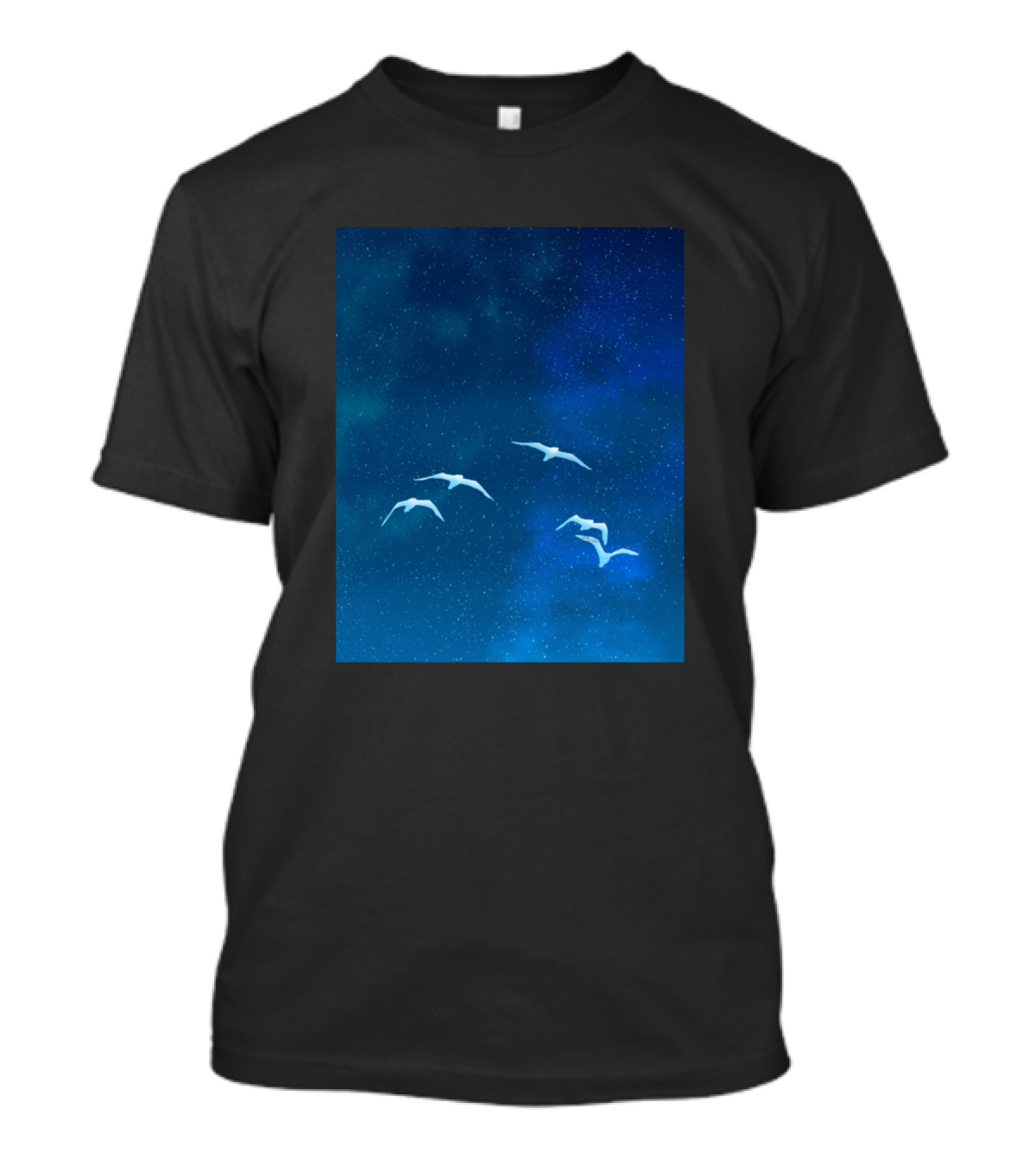 Fantasy Night Time Glowing Birds In Starry Sky Landscape Painting T-Shirt