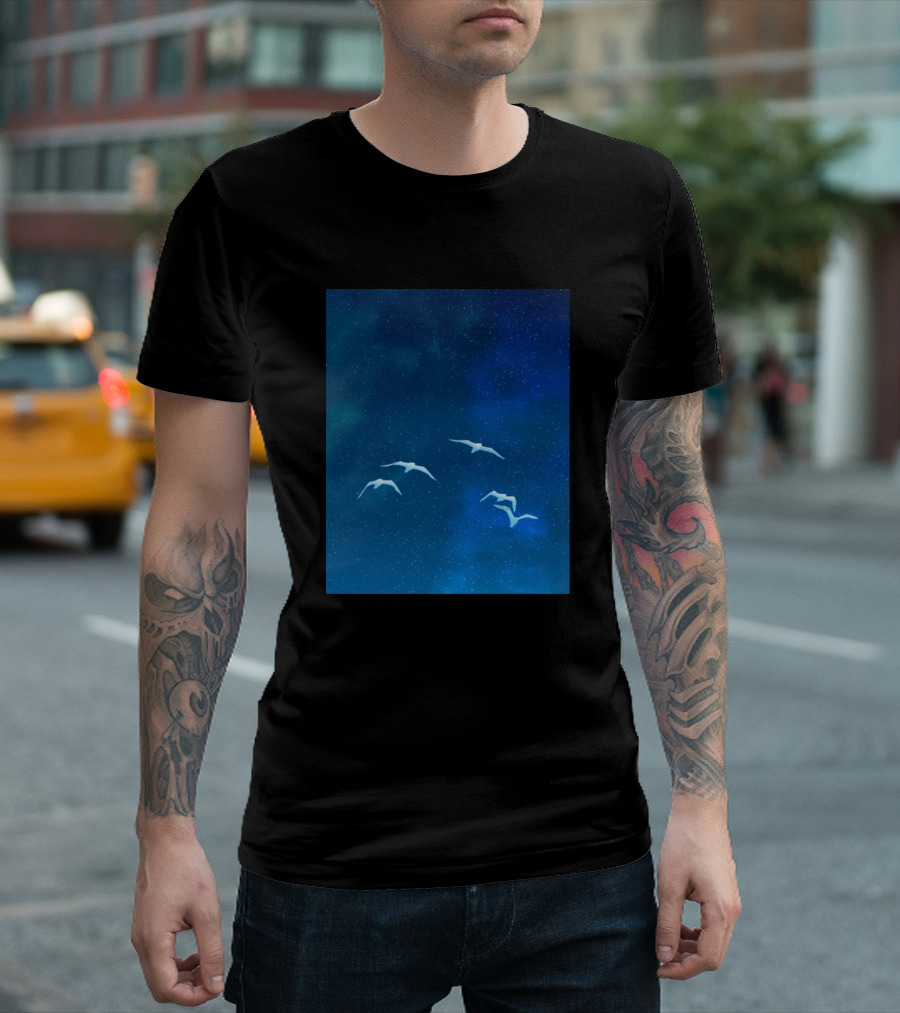 Fantasy Night Time Glowing Birds In Starry Sky Landscape Painting T-Shirt