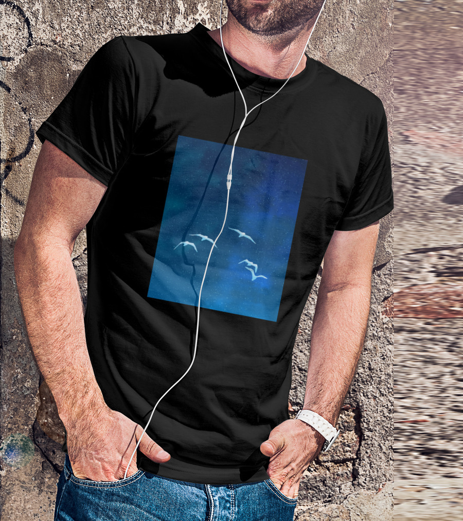 Fantasy Night Time Glowing Birds In Starry Sky Landscape Painting T-Shirt